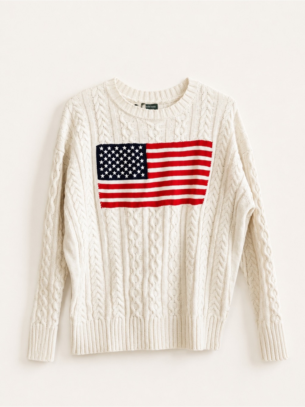 wild fable Crewneck Cable Knit Sweater in Cream with Red & Blue Flag